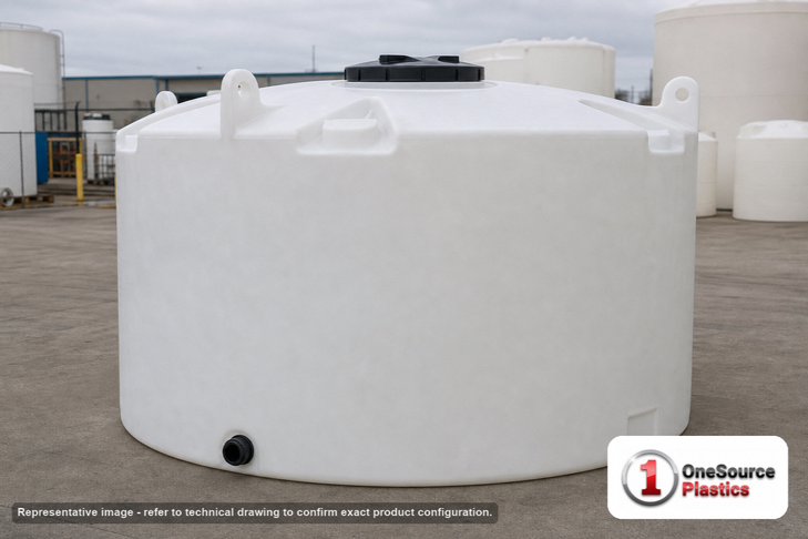 Snyder Industries 2000 Gallon HDPE Vertical Liquid Storage Tank with ASTM Certification. Polyethylene; White; dimensions 88.0in H x 90.0in W x 90.0in L; 400.0 lb empty; 1.9 specific gravity rating. Manufacturer part number SII-5050000N45. Sold by OneSource Plastics (https://www.onesourceplastics.com).
