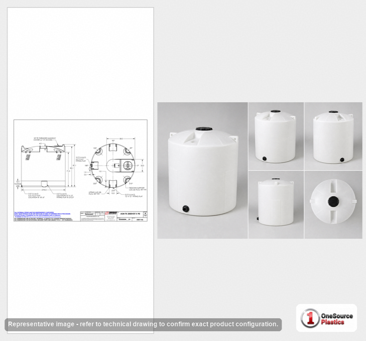 Dimensional spec drawing for Snyder Industries 2000 Gallon Vertical Storage Tank (90" L x 90" W x 88" H)