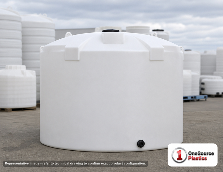 Snyder Industries 2000 Gallon HDPE Vertical Liquid Storage Tank with ASTM Certification. 2000.0 gallon capacity; Polyethylene; White; dimensions 84.0in H x 96.0in W x 96.0in L; 380.0 lb empty; 1.35 specific gravity rating; fittings: 1 Manway / Lid; max temp 120 deg  F / 48 deg  C; 3 Year Warranty. Manufacturer part number 5050300n39. Manufactured by Snyder. Sold by OneSource Plastics (https://www.onesourceplastics.com).
