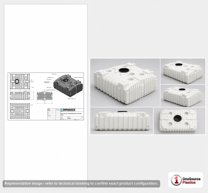 Dimensional spec drawing for Norwesco 2000 Gallon Septic Tank (126" L x 98" W x 51" H)