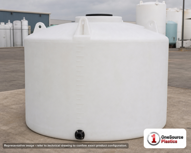 Snyder Industries 2000 Gallon Plastic Vertical Water Storage Tank in White. Polyethylene; White; dimensions 88.0in H x 90.0in W x 90.0in L; 357.0 lb empty; 1.0 specific gravity rating. Manufacturer part number SII-WV51. Sold by OneSource Plastics (https://www.onesourceplastics.com).