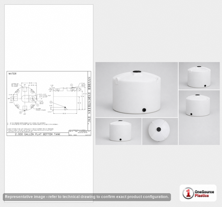 Dimensional spec drawing for Snyder Industries 2000 Gallon Vertical Tank (90" L x 90" W x 88" H)