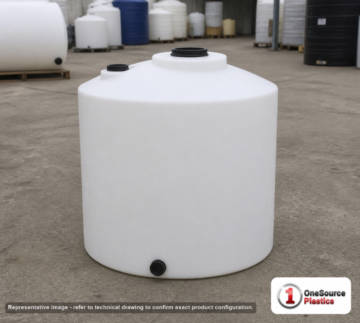 Snyder Industries 22 Gallon HDPE Vertical Liquid Storage Tank Opaque Resin. Polyethylene; White; dimensions 23.0in H x 18.0in W x 18.0in L; 9.0 lb empty; 1.9 specific gravity rating. Manufacturer part number SII-1530000N52. Sold by OneSource Plastics (https://www.onesourceplastics.com).