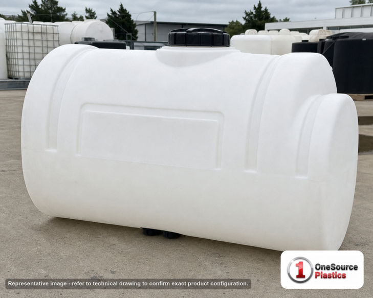 Snyder Industries 250 Gallon XLPE Chemical Feed Station Tank. Cross-Linked Polyethylene; White; dimensions 69.0in H x 62.0in W x 76.0in L; 209.0 lb empty; 1.9 specific gravity rating. Manufacturer part number SII-5730103CF42. Sold by OneSource Plastics (https://www.onesourceplastics.com).