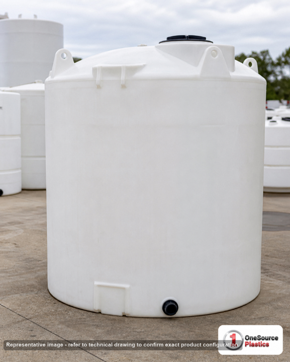 Snyder Industries 2500 Gallon HDPE Vertical Liquid Storage Tank with ASTM Certification. Polyethylene; White; dimensions 107.0in H x 90.0in W x 90.0in L; 450.0 lb empty; 1.5 specific gravity rating. Manufacturer part number SII-5090000N43. Sold by OneSource Plastics (https://www.onesourceplastics.com).