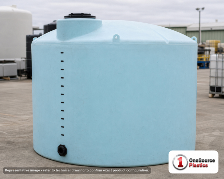 Norwesco 2500 Gallon Vertical Storage Tank in Blue. Polyethylene; Blue; dimensions 91.0in H x 95.0in W x 95.0in L; 300.0 lb empty; 1.5 specific gravity rating. Manufacturer part number N-43215. Sold by OneSource Plastics (https://www.onesourceplastics.com).
