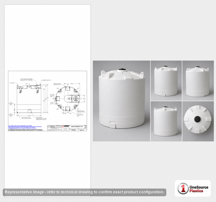Dimensional spec drawing for Snyder Industries 2500 Gallon Vertical Storage Tank (90" L x 90" W x 107" H)