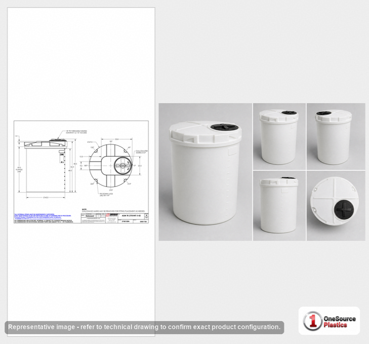 Dimensional spec drawing for Snyder Industries 275 Gallon Vertical Storage Tank (47" L x 47" W x 59" H)