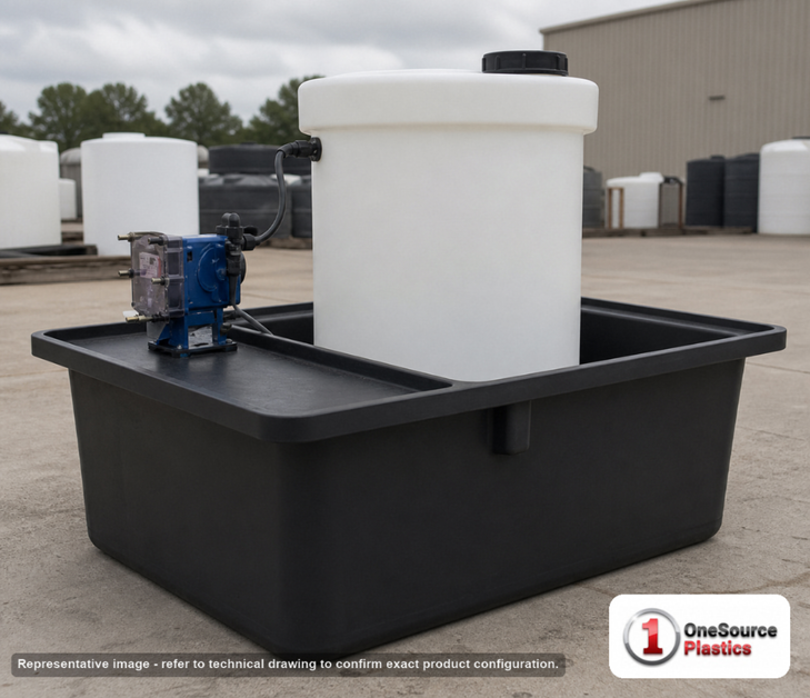 Snyder Industries 275 Gallon XLPE Chemical Feed Station Tank. Cross-Linked Polyethylene; White; 59" H x 62" W x 76" L.