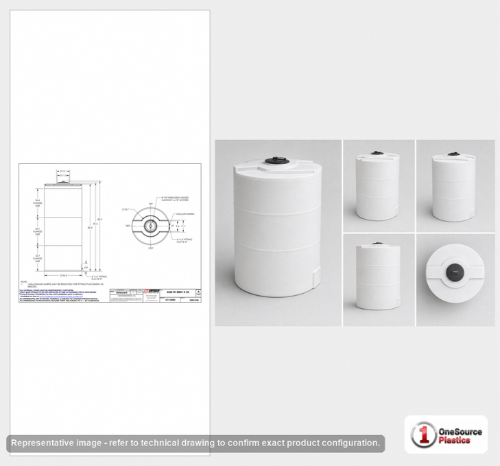 Dimensional spec drawing for Snyder Industries 300 Gallon Vertical Storage Tank (35" L x 35" W x 82" H)