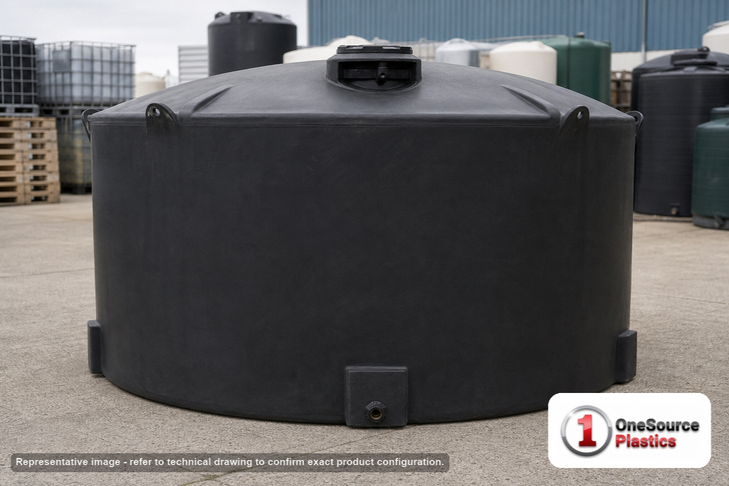 Snyder Industries 3000 Gallon HDLPE Vertical ATSM Liquid Storage Tank in Black. High Density Polyethylene; Black; dimensions 96.0in H x 102.0in W x 102.0in L; 660.0 lb empty; 1.5 specific gravity rating. Manufacturer part number SII-7410000N49. Sold by OneSource Plastics (https://www.onesourceplastics.com).