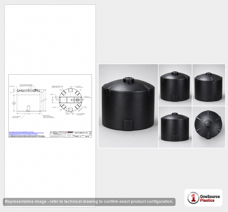 Dimensional spec drawing for Snyder Industries 3000 Gallon Vertical Storage Tank (102" L x 102" W x 96" H)