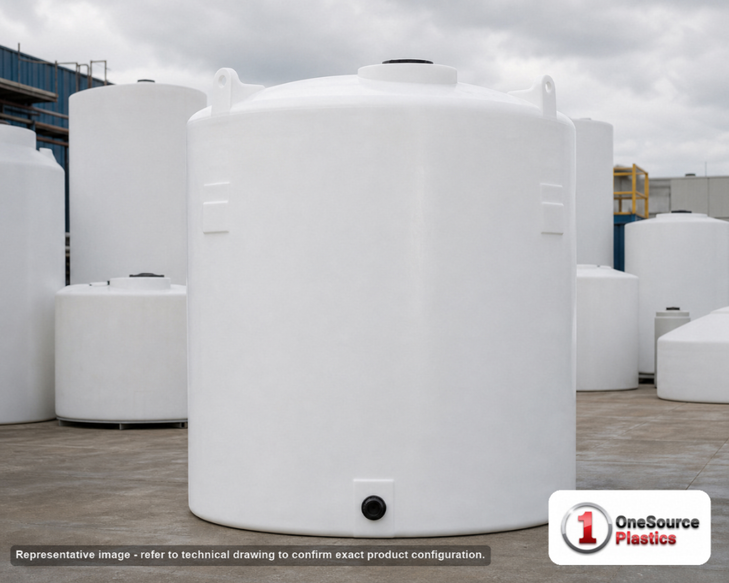 Snyder Industries 3000 Gallon HDPE Vertical Liquid Storage Tank with ASTM Certification. Polyethylene; White; dimensions 127.0in H x 90.0in W x 90.0in L; 510.0 lb empty; 1.35 specific gravity rating. Manufacturer part number SII-5130000N39. Sold by OneSource Plastics (https://www.onesourceplastics.com).