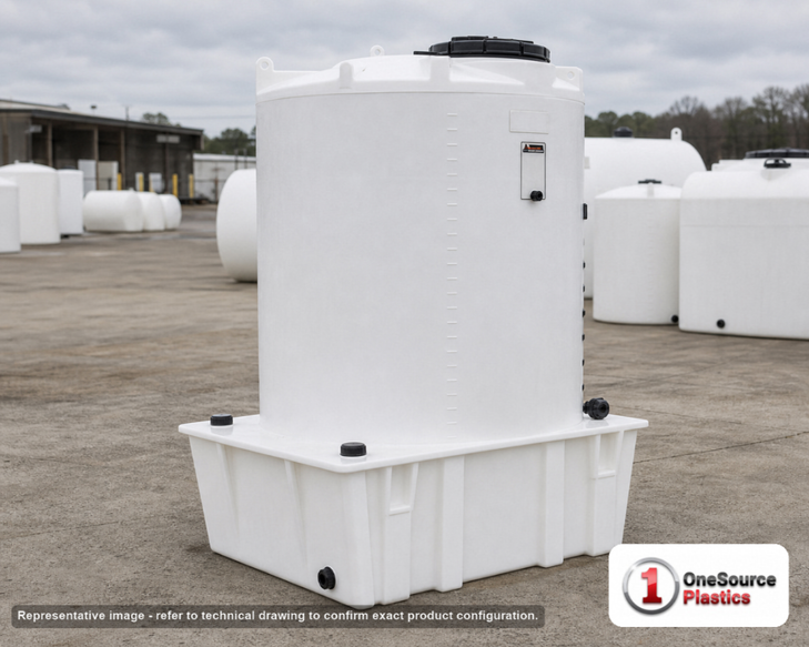 Snyder Industries 330 Gallon Plastic Chemical Feed Station Tank. High Density Linear Polyethylene; White; dimensions 86.0in H x 62.0in W x 76.0in L; 318.0 lb empty; 1.9 specific gravity rating. Manufacturer part number SII-5750104CFWS45. Sold by OneSource Plastics (https://www.onesourceplastics.com).
