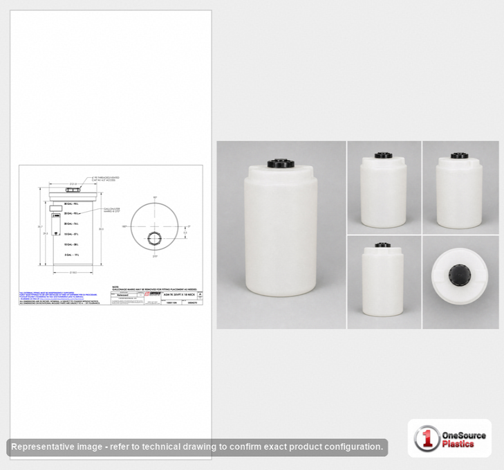 Dimensional spec drawing for Snyder Industries 35 Gallon Vertical Storage Tank (22" L x 22" W x 36" H)