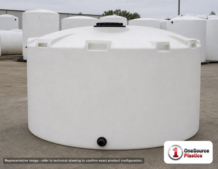 Snyder Industries 4000 Gallons HDPE Vertical Liquid Storage Tank with ASTM Certification. 3700.0 gallon capacity; Polyethylene; White; dimensions 104.0in H x 120.0in W x 120.0in L; 810.0 lb empty; 1.5 specific gravity rating; fittings: 1 Manway / Lid; max temp 120 deg  F / 48 deg  C; 3 Year Warranty. Manufacturer part number 7421100n43. Manufactured by Snyder. Sold by OneSource Plastics (https://www.onesourceplastics.com).