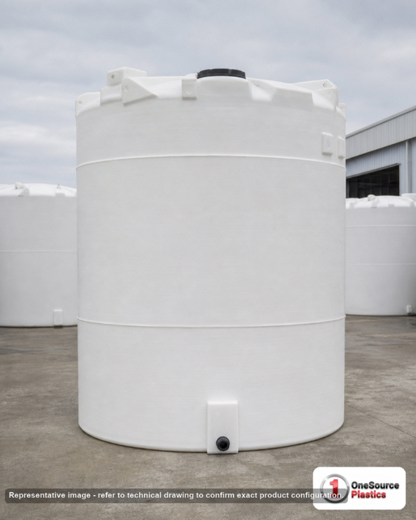 Snyder Industries 4100 Gallon XLPE Vertical Liquid Storage Tank in White. 4100.0 gallon capacity; Cross-Linked Polyethylene; White; dimensions 130.0in H x 102.0in W x 102.0in L; 1100.0 lb empty; 1.9 specific gravity rating; fittings: 3"; max temp 140 deg  F / 60 deg  C; 3 Year Warranty. Manufacturer part number 7360000n42. Manufactured by Snyder. Sold by OneSource Plastics (https://www.onesourceplastics.com).