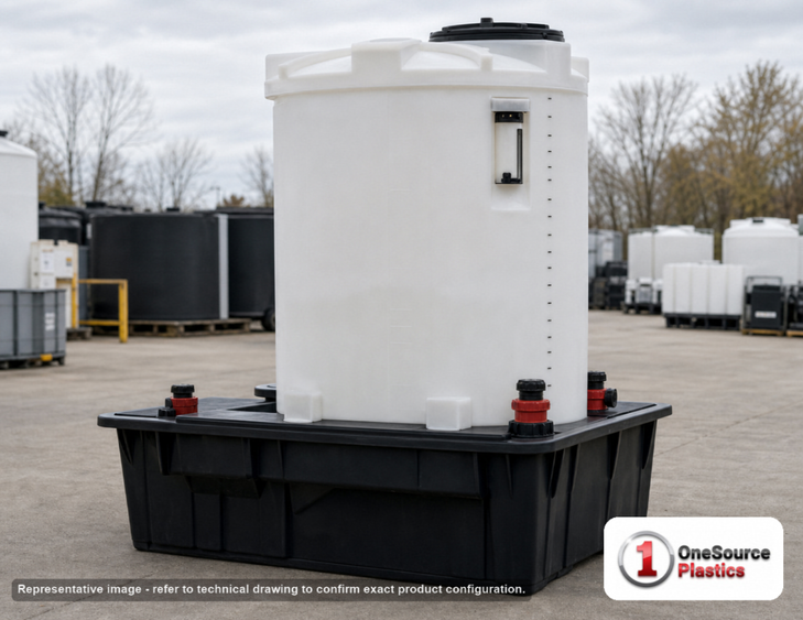 Snyder Industries 440 Gallon Plastic Chemical Feed Station Tank. High Density Linear Polyethylene; White; dimensions 88.0in H x 68.0in W x 83.0in L; 400.0 lb empty; 1.9 specific gravity rating. Manufacturer part number SII-5770104CFWS45. Sold by OneSource Plastics (https://www.onesourceplastics.com).