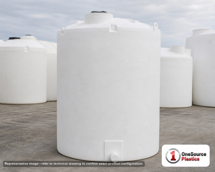 Snyder Industries 4400 Gallon HDPE Vertical Liquid Storage Tank with ASTM Certification. 4400.0 gallon capacity; Polyethylene; White; dimensions 182.0in H x 90.0in W x 90.0in L; 1450.0 lb empty; 1.9 specific gravity rating; fittings: 1 Manway / Lid; max temp 120 deg  F / 48 deg  C; 3 Year Warranty. Manufacturer part number 5210000n45. Manufactured by Snyder. Sold by OneSource Plastics (https://www.onesourceplastics.com).