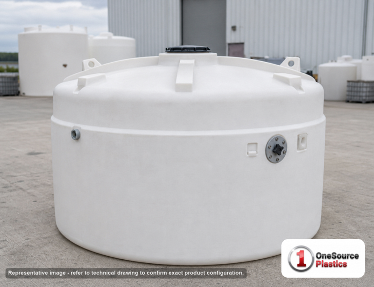 Snyder Industries 4500 Gallon HDPE Vertical Liquid Storage Tank with ASTM Certification. 4500.0 gallon capacity; Polyethylene; White; dimensions 91.0in H x 143.0in W x 143.0in L; 1100.0 lb empty; 1.9 specific gravity rating; fittings: 1 Manway / Lid; max temp 120 deg  F / 48 deg  C; 3 Year Warranty. Manufacturer part number 7000400n45. Manufactured by Snyder. Sold by OneSource Plastics (https://www.onesourceplastics.com).
