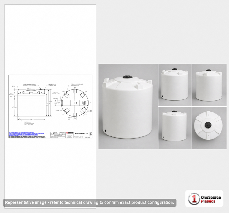 Dimensional spec drawing for Snyder Industries 4600 Gallon Vertical Storage Tank (120" L x 120" W x 116" H)