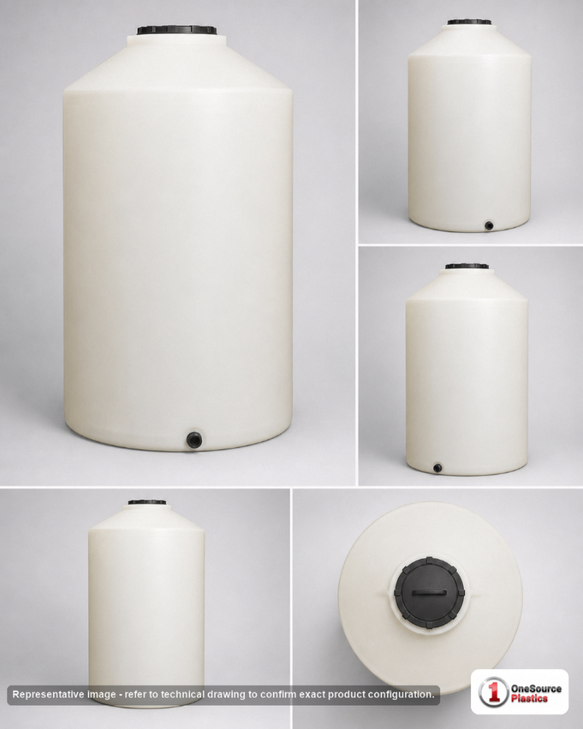 Dimensional spec drawing for Chem-Tainer 500 Gallon Vertical Storage Tank (46" L x 46" W x 76" H)
