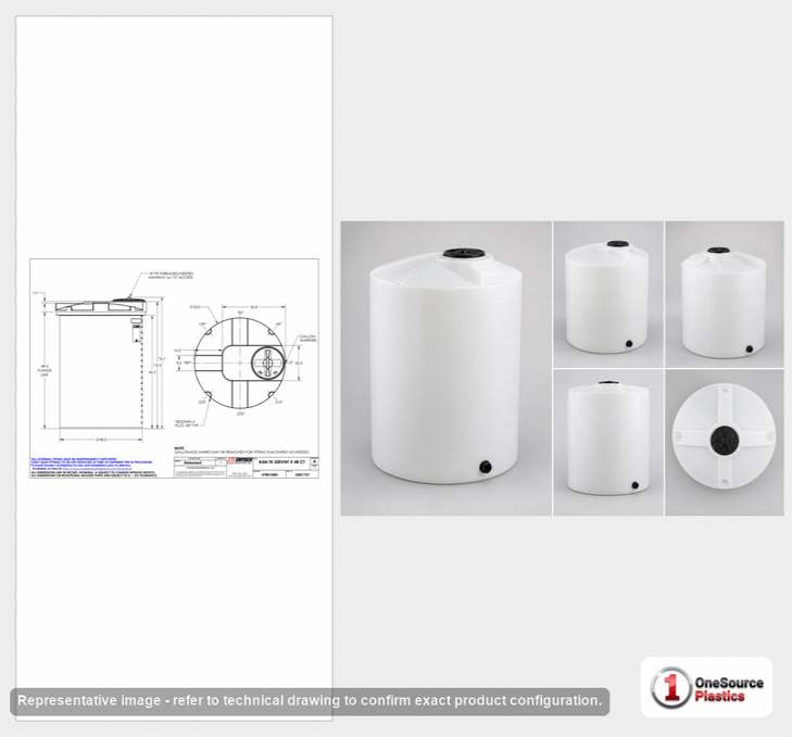 Dimensional spec drawing for Snyder Industries 500 Gallon Vertical Storage Tank (53" L x 53" W x 77" H)