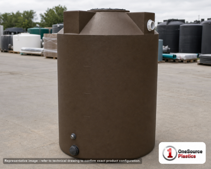 Bushman 500 Gallon Dark Brown Rainwater Collection Tank. Polyethylene; Dark Brown; dimensions 71.0in H x 48.0in W x 48.0in L; 95.0 lb empty; 1.0 specific gravity rating; fittings: 1 Inlet , 2 Outlets , 1 Manway / Lid; max temp 120 deg  F / 48 deg  C; 3 Year Warranty. Manufacturer part number 30271. Manufactured by Bushman. Sold by OneSource Plastics (https://www.onesourceplastics.com).