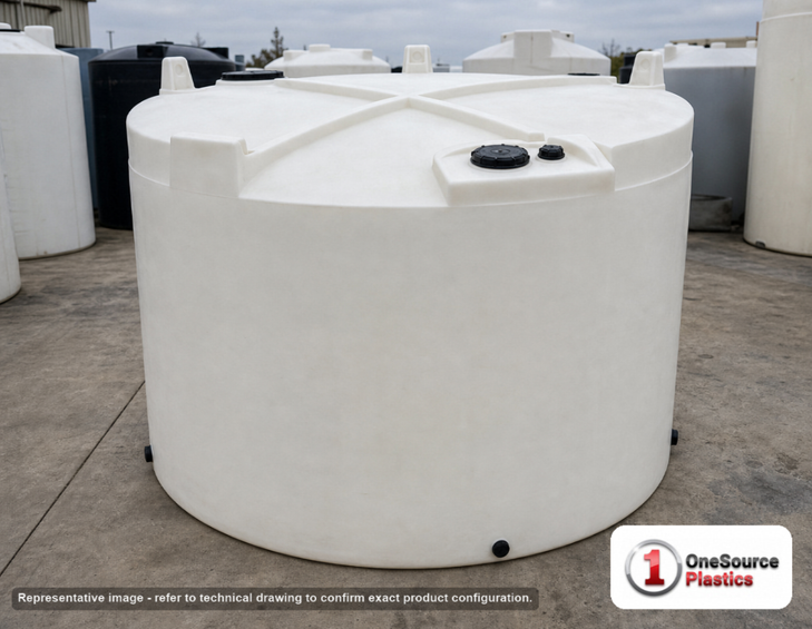 Chem-Tainer 5000 Gallon HDPE Vertical Liquid Storage Tank. 5000.0 gallon capacity; Polyethylene; White; dimensions 152.0in H x 102.0in W x 102.0in L; 1350.0 lb empty; 1.9 specific gravity rating; fittings: 2"; max temp 120 deg  F / 48 deg  C; 3 Year Warranty. Manufacturer part number TC5000IA. Sold by OneSource Plastics (https://www.onesourceplastics.com).