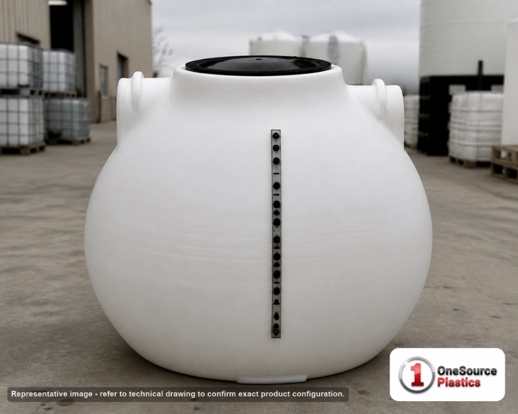 Norwesco 525 Gallon Spherical Liquid Storage Tank in White. Polyethylene; White; dimensions 64.0in H x 62.0in W x 62.0in L; 134.0 lb empty; 1.9 specific gravity rating. Manufacturer part number N-44878. Sold by OneSource Plastics (https://www.onesourceplastics.com).