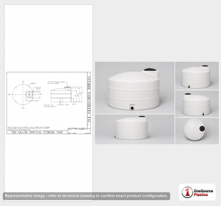 Dimensional spec drawing for Snyder Industries 550 Gallon Vertical Storage Tank (64" L x 64" W x 46" H)