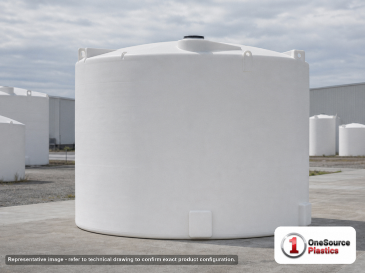 Snyder Industries 5600 Gallon HDPE Vertical Liquid Storage Tank with ASTM Certification. 5600.0 gallon capacity; Polyethylene; White; dimensions 102.0in H x 142.0in W x 142.0in L; 1350.0 lb empty; 1.9 specific gravity rating; fittings: 1 Manway / Lid; max temp 120 deg  F / 48 deg  C; 3 Year Warranty. Manufacturer part number 5250000n45. Manufactured by Snyder. Sold by OneSource Plastics (https://www.onesourceplastics.com).