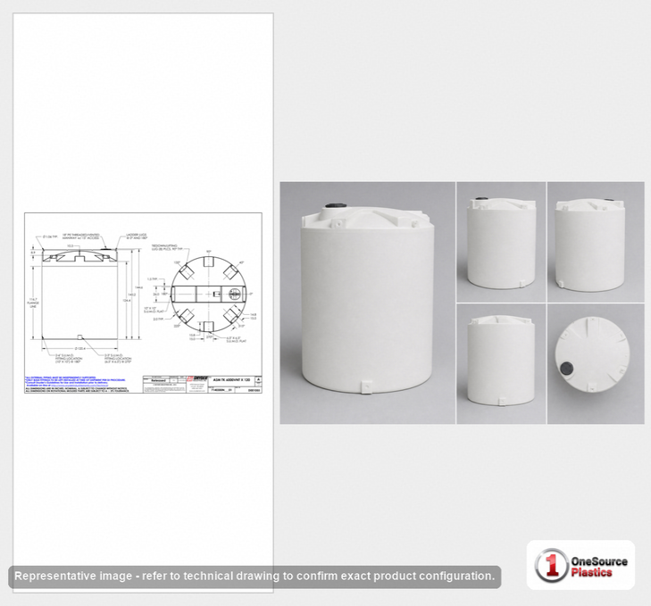 Dimensional spec drawing for Snyder Industries 6000 Gallon Vertical Storage Tank (120" L x 120" W x 145" H)