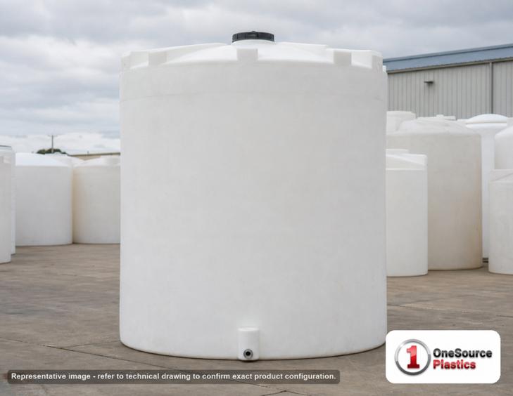 Snyder Industries 6000 Gallon HDPE Vertical Liquid Storage Tank with ASTM Certification. 6000.0 gallon capacity; Polyethylene; White; dimensions 188.0in H x 102.0in W x 102.0in L; 1650.0 lb empty; 1.35 specific gravity rating; fittings: 1 Manway / Lid; max temp 120 deg  F / 48 deg  C; 3 Year Warranty. Manufacturer part number 7430000n39. Manufactured by Snyder. Sold by OneSource Plastics (https://www.onesourceplastics.com).