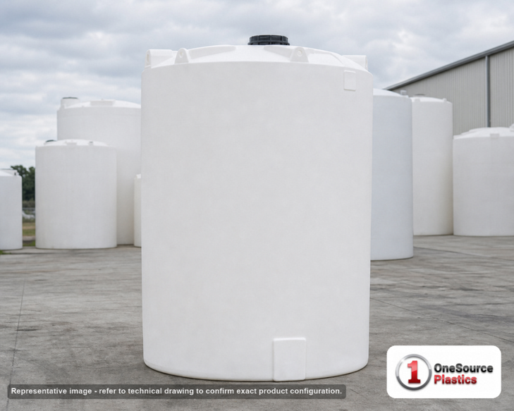 Snyder Industries 6000 Gallon HDPE Vertical Liquid Storage Tank with ASTM Certification. 6000.0 gallon capacity; Polyethylene; White; dimensions 188.0in H x 102.0in W x 102.0in L; 1800.0 lb empty; 1.9 specific gravity rating; fittings: 1 Manway / Lid; max temp 120 deg  F / 48 deg  C; 3 Year Warranty. Manufacturer part number 7430000n45. Manufactured by Snyder. Sold by OneSource Plastics (https://www.onesourceplastics.com).