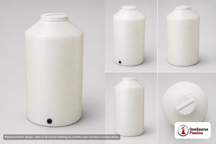 Dimensional spec drawing for Chem-Tainer 65 Gallon Vertical Storage Tank (24" L x 24" W x 46" H)