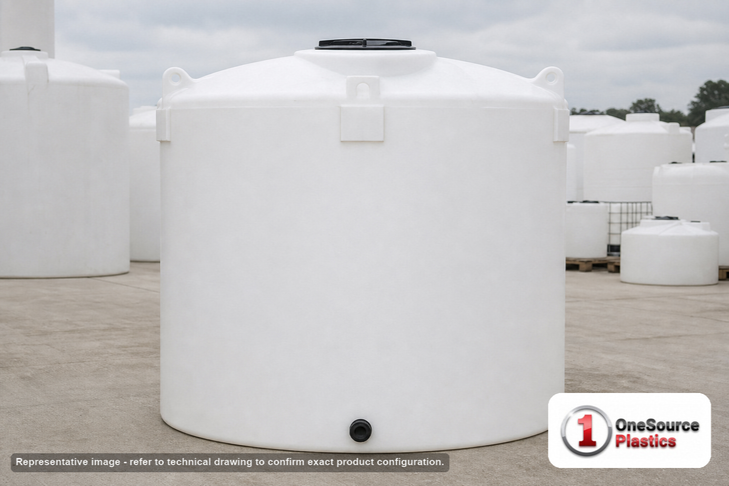 Snyder Industries 6500 Gallon HDPE Vertical Liquid Storage Tank with ASTM Certification. Polyethylene; White; dimensions 153.5in H x 120.0in W x 120.0in L; 1450.0 lb empty; 1.5 specific gravity rating. Manufacturer part number SII-7140000N43. Sold by OneSource Plastics (https://www.onesourceplastics.com).
