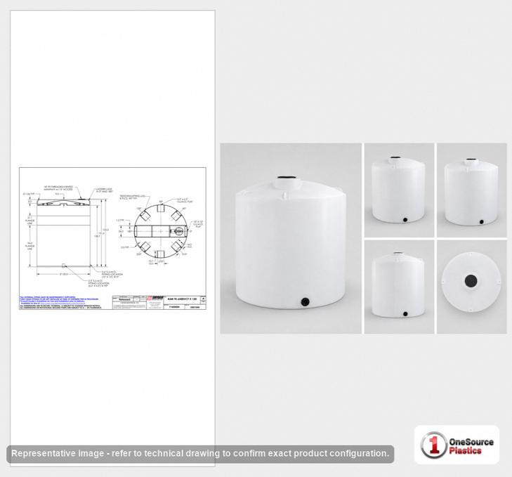 Dimensional spec drawing for Snyder Industries 6500 Gallon Vertical Storage Tank (120" L x 120" W x 153" H)