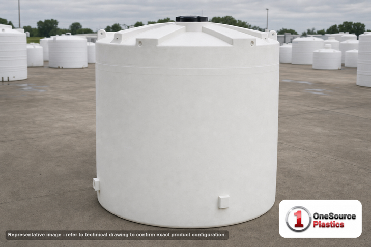 Snyder Industries 6600 Gallon HDPE Vertical Liquid Storage Tank with ASTM Certification. Polyethylene; White; dimensions 158.0in H x 120.0in W x 120.0in L; 2100.0 lb empty; 1.9 specific gravity rating. Manufacturer part number SII-5300400N45. Sold by OneSource Plastics (https://www.onesourceplastics.com).