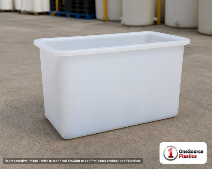 Chem-Tainer 7 Gallon Plastic Open Top Batch Storage Tank. 7.0 gallon capacity; Polyethylene; Natural White; dimensions 14.0in H x 8.0in W x 18.0in L; 7.0 lb empty; 2.0 specific gravity rating; max temp 120 deg  F / 48 deg  C; 3 Year Warranty. Manufacturer part number r081812a. Sold by OneSource Plastics (https://www.onesourceplastics.com).