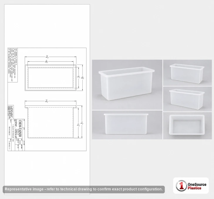 Dimensional spec drawing for Chem-Tainer 7 Gallon Rectangular Open Top Tank (18" L x 8" W x 14" H)