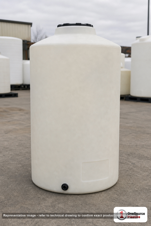 Chem-Tainer 75 Gallon Plastic Vertical Liquid Storage Tank. 75.0 gallon capacity; Polyethylene; Natural White; dimensions 49.0in H x 23.0in W x 23.0in L; 27.0 lb empty; 1.9 specific gravity rating; fittings: 1 Outlet , 1 Manway / Lid; max temp 120 deg  F / 48 deg  C; 3 Year Warranty. Manufacturer part number TC2349IA. Sold by OneSource Plastics (https://www.onesourceplastics.com).
