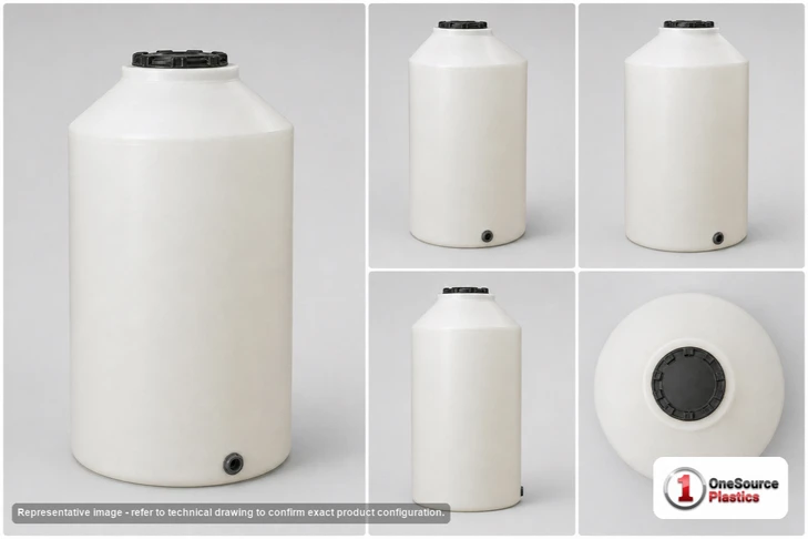 Dimensional spec drawing for Chem-Tainer 75 Gallon Vertical Storage Tank (23" L x 23" W x 49" H)