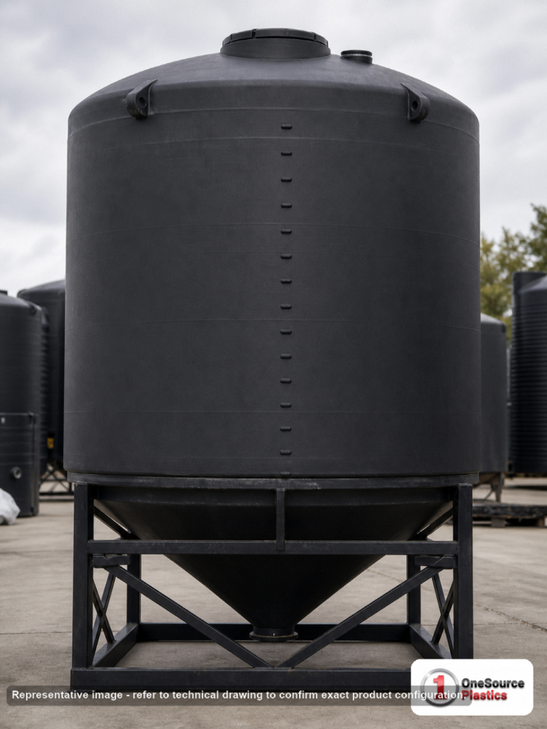Norwesco 7500 Gallon Black Cone Bottom Tank. Polyethylene; Black; dimensions 149.0in H x 141.0in W x 141.0in L; 1385.0 lb empty; 1.5 specific gravity rating. Manufacturer part number N-42976. Sold by OneSource Plastics (https://www.onesourceplastics.com).