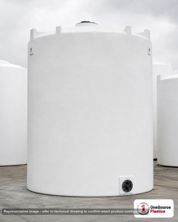 Snyder Industries 8500 Gallon HDPE Vertical Liquid Storage Tank with ASTM Certification. Polyethylene; White; dimensions 194.0in H x 120.0in W x 120.0in L; 3100.0 lb empty; 1.9 specific gravity rating. Manufacturer part number SII-7400000N45. Sold by OneSource Plastics (https://www.onesourceplastics.com).