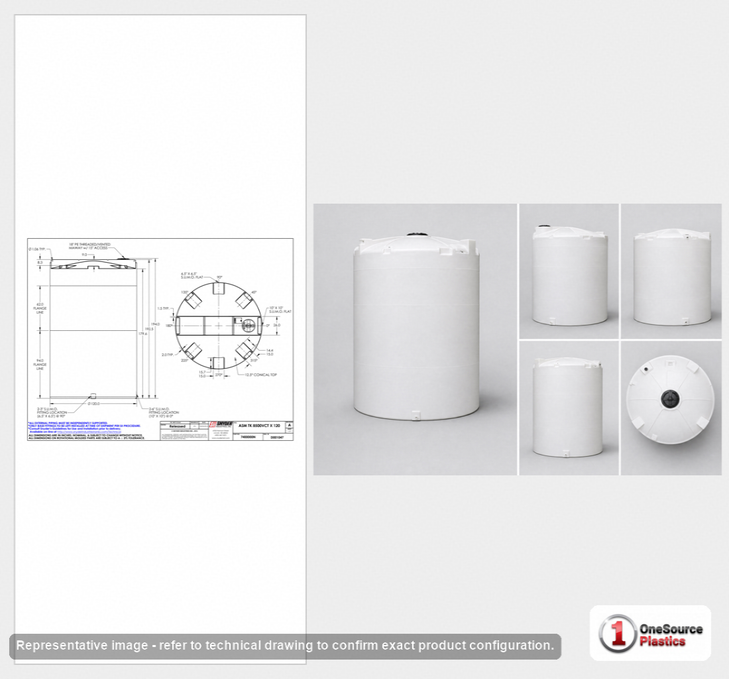 Dimensional spec drawing for Snyder Industries 8500 Gallon Vertical Storage Tank (120" L x 120" W x 194" H)