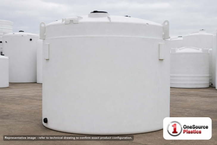 Snyder Industries 8750 Gallon HDPE Vertical Liquid Storage Tank with ASTM Certification. Polyethylene; White; dimensions 146.0in H x 142.0in W x 142.0in L; 2400.0 lb empty; 1.9 specific gravity rating. Manufacturer part number SII-5360100N45. Sold by OneSource Plastics (https://www.onesourceplastics.com).