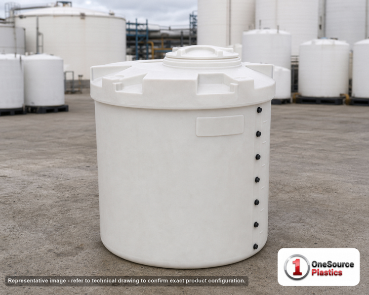 Snyder Industries 90 Gallon HDPE Vertical Liquid Storage Tank with ASTM Certification. Polyethylene; White; dimensions 41.0in H x 34.0in W x 34.0in L; 50.0 lb empty; 1.9 specific gravity rating. Manufacturer part number SII-5690100N45. Sold by OneSource Plastics (https://www.onesourceplastics.com).