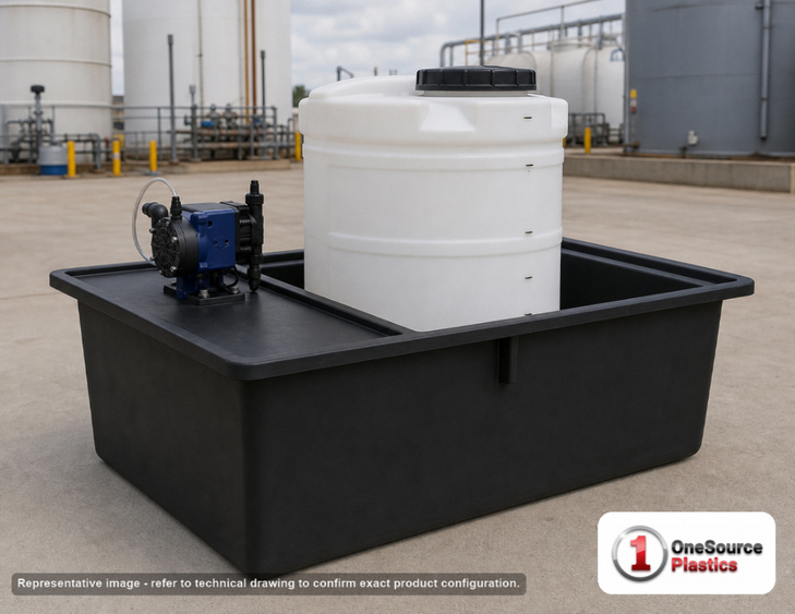 Snyder Industries 90 Gallon Plastic Chemical Feed Station Tank. High Density Linear Polyethylene; White; 41" H x 43" W x 56"
