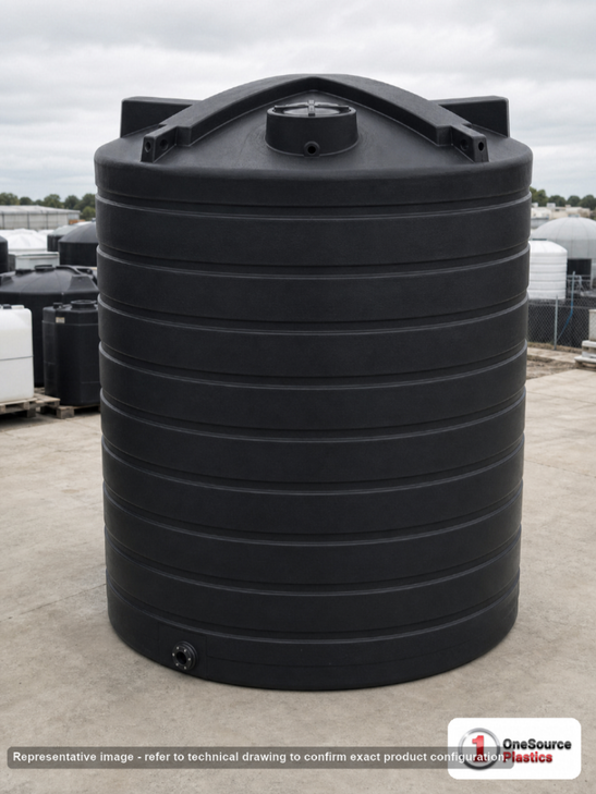 Enduraplas 10,000 Gallon Plastic Vertical Water Storage Tank in Black. . Manufacturer part number EP-TLV10000BK. Sold by OneSource Plastics (https://www.onesourceplastics.com).